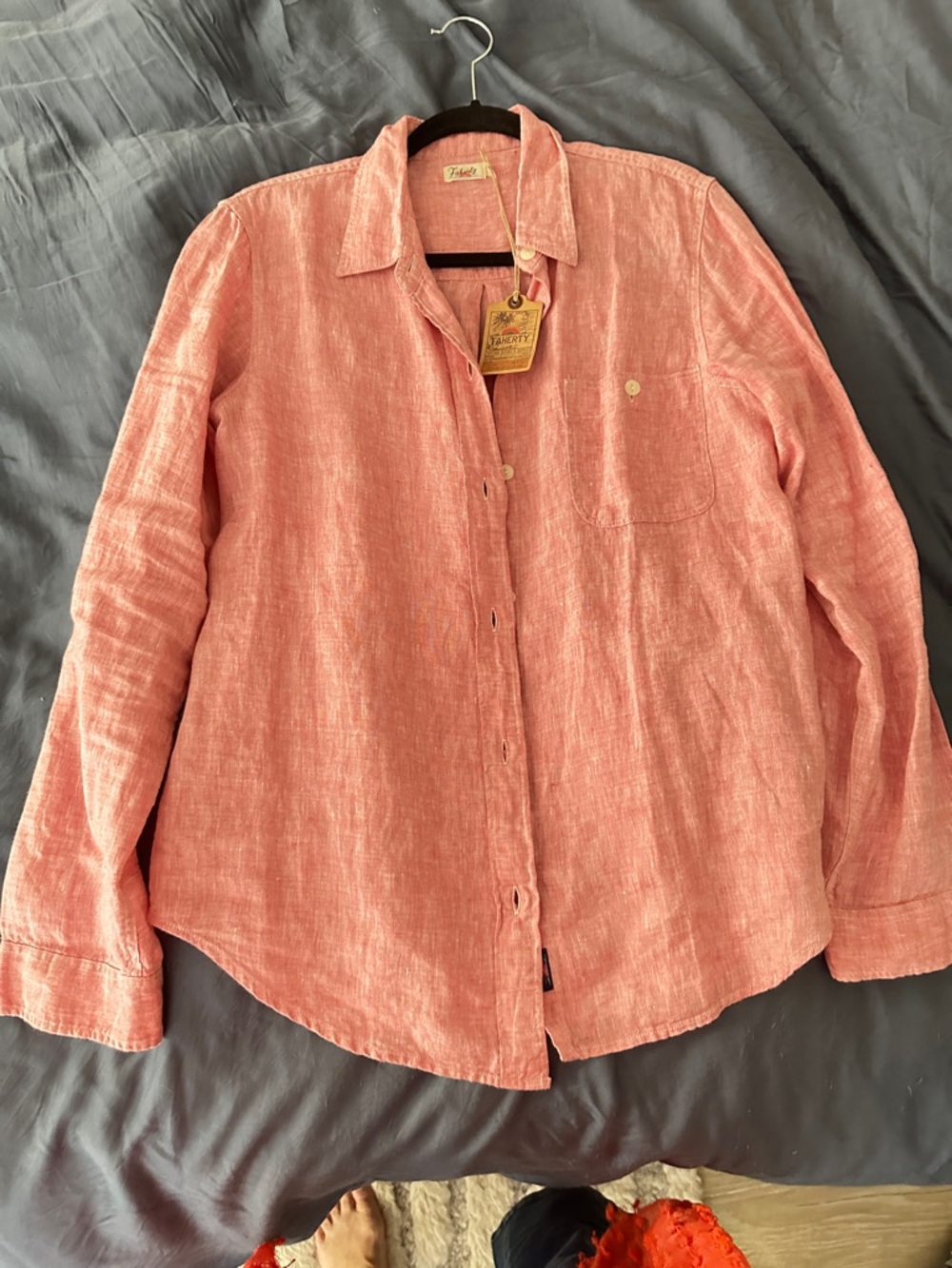 Faherty Linen  Nantucket Oversized Button Front Long Sleeve Top Red Size Small - Picture 4 of 5